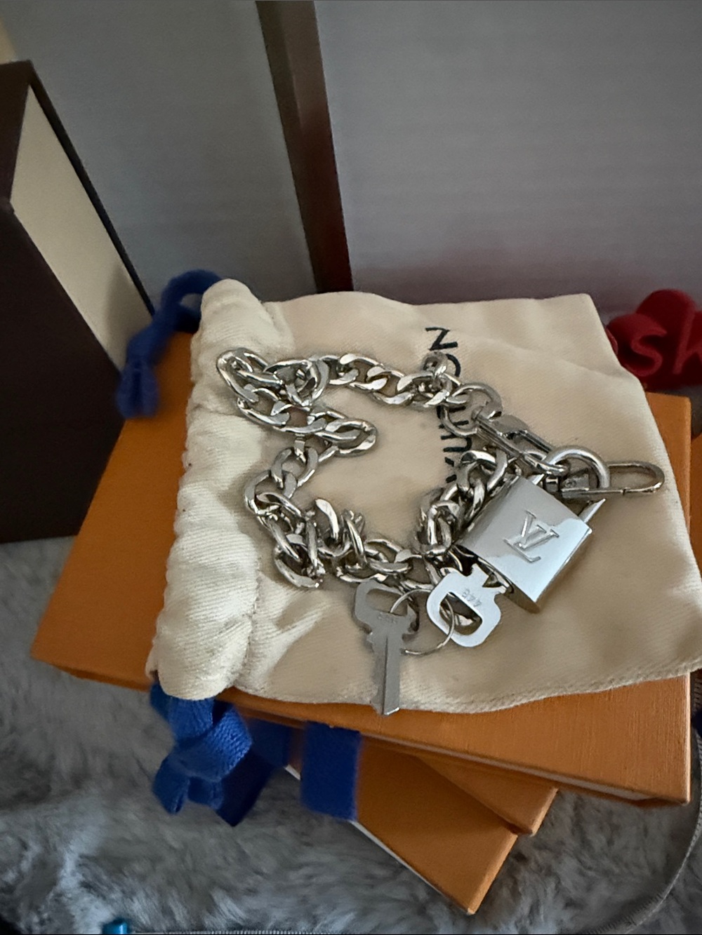 Louis Vuitton Silver Padlock and Key Chain Bracelet